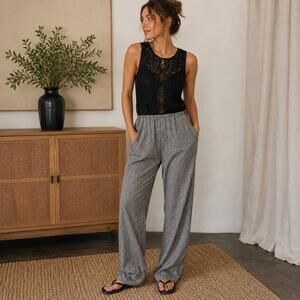 Anthropologie Elevenses Lace Jumpsuit Women’s 8 Gray Black Wide Leg Boho Romper